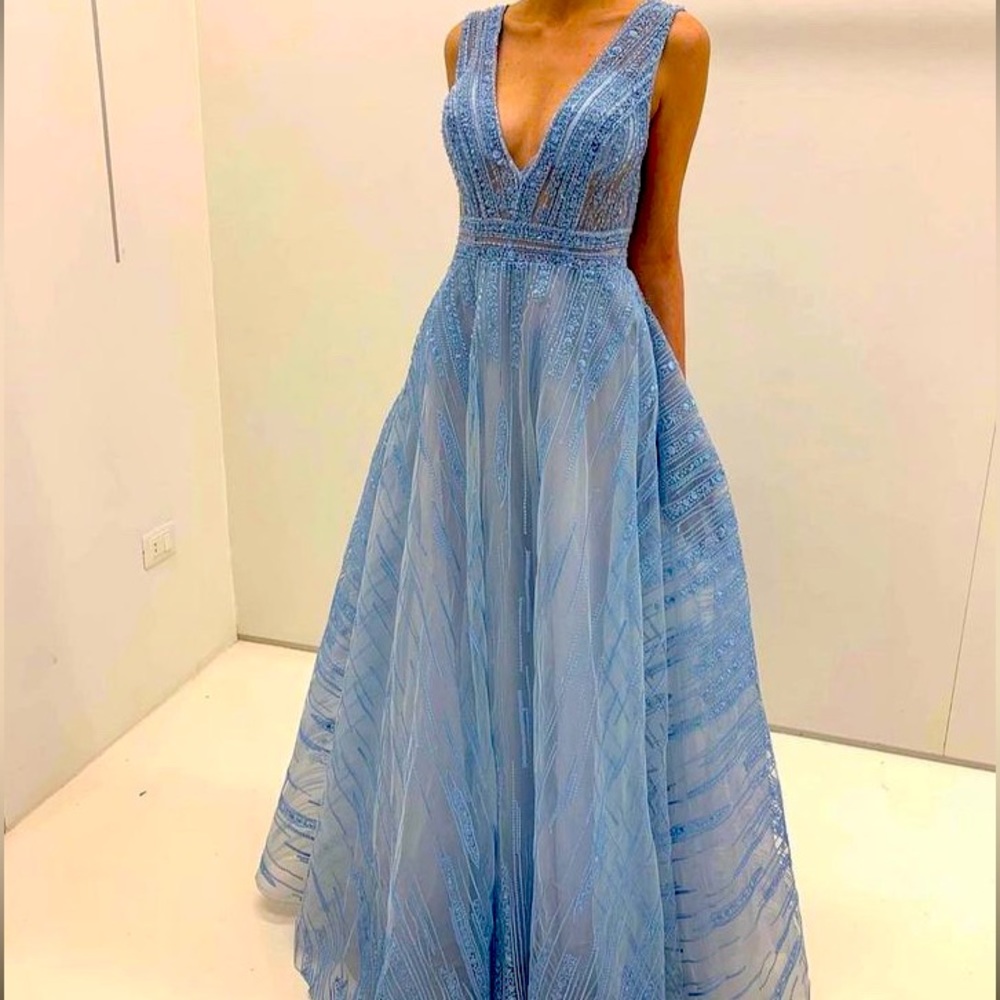 Azzure Couture FM1047 Dress Blue Beaded Deep V Brand New - Wedding Guest